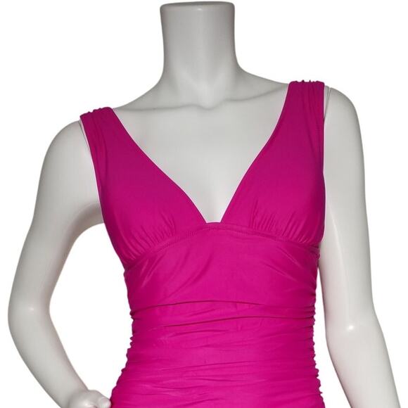 J.Crew Pink Ruched V-Neck One-Piece Swimsuit Sz 10 UPF 50 - Picture 2 of 7